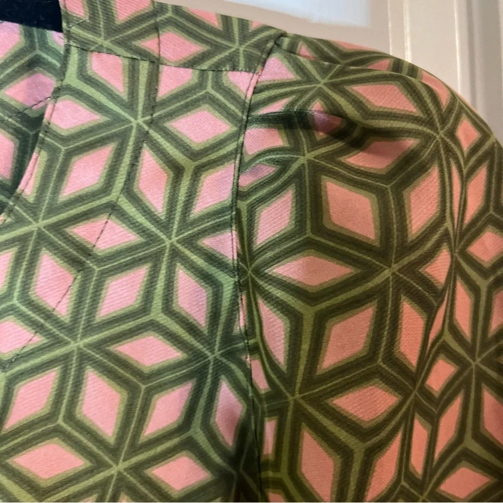 Retro Fossil A-Line Dress | Mid Century Mod Pink Green Geometric Pattern Size M